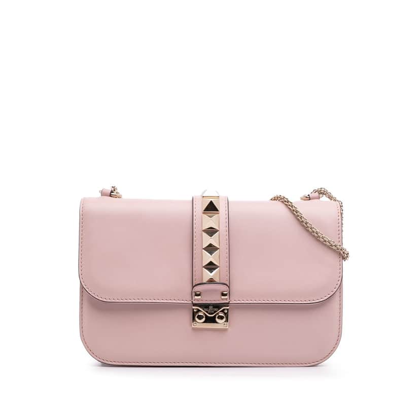 Valentino Medium Calfskin Rockstud Glam Lock Crossbody Pink Leather Good condition - Front View