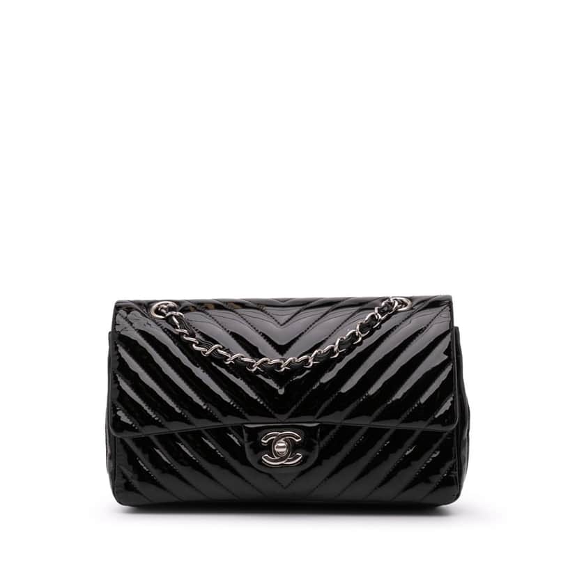 Chanel Medium Classic Chevron Patent Double Flap Black Leather Good condition - Front View