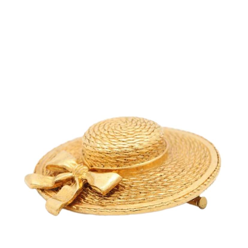Chanel Gold Plated Straw Hat Brooch Gold Metal Good condition - Front View