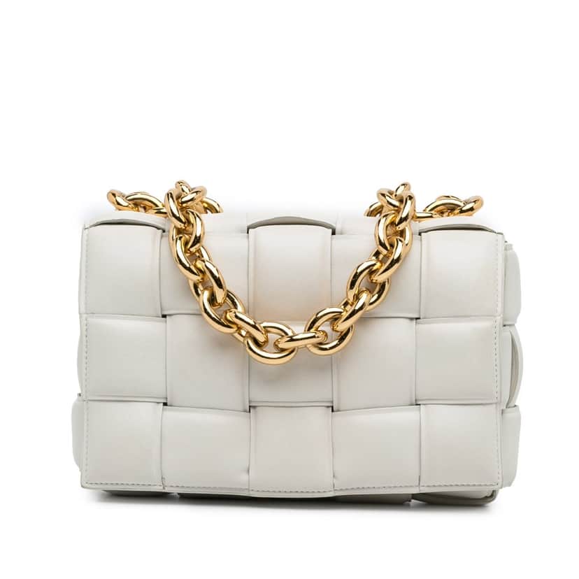 Bottega Veneta Nappa Intrecciato Padded Chain Cassette Satchel White Leather Good condition - Front View