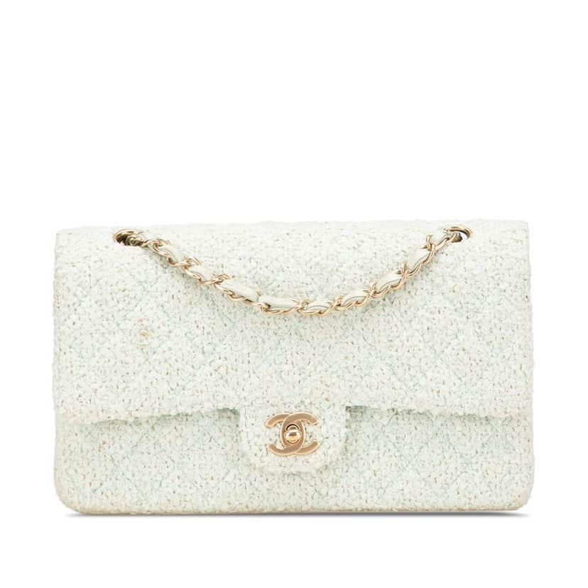 Chanel Medium Classic Tweed Double Flap Green Tweed Good condition - Front View