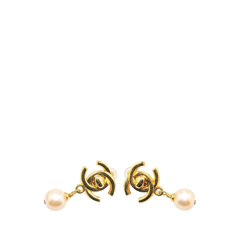 Chanel Gold Plated CC Turnlock Faux Pearl Drop Clip on Earrings Gold Metal Good condition - Front View