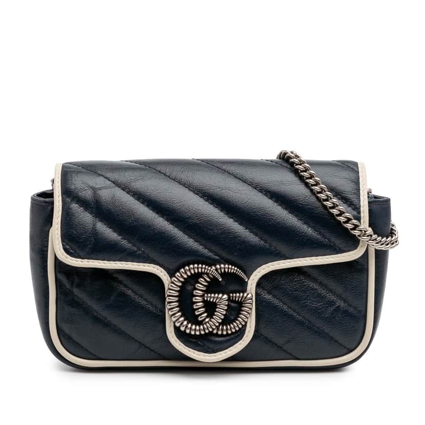 Gucci Super Mini GG Marmont Matelasse Leather Torchon Flap Crossbody Blue Leather Good condition - Front View