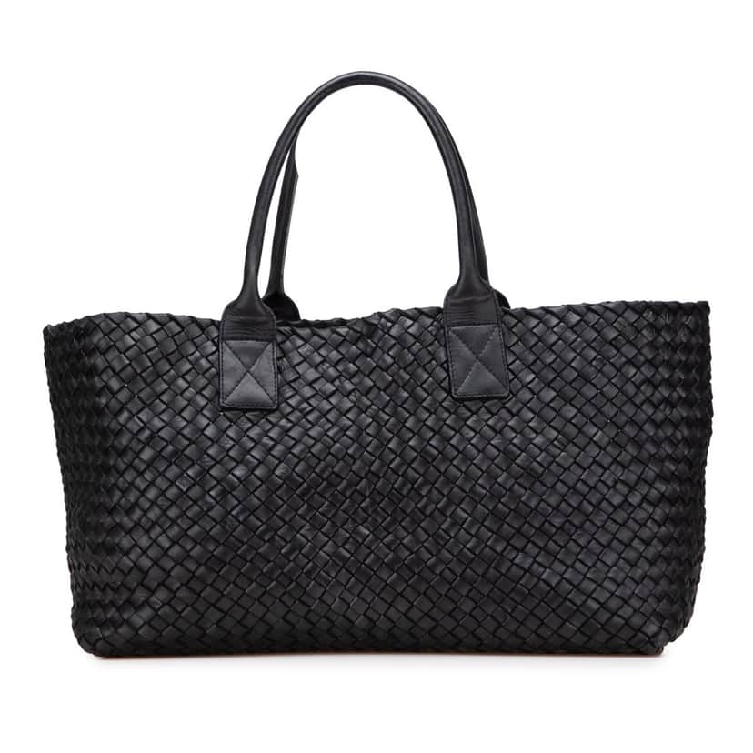 Bottega Veneta Medium Lambskin Intreccio Cabat Tote Black Leather Good condition - Front View