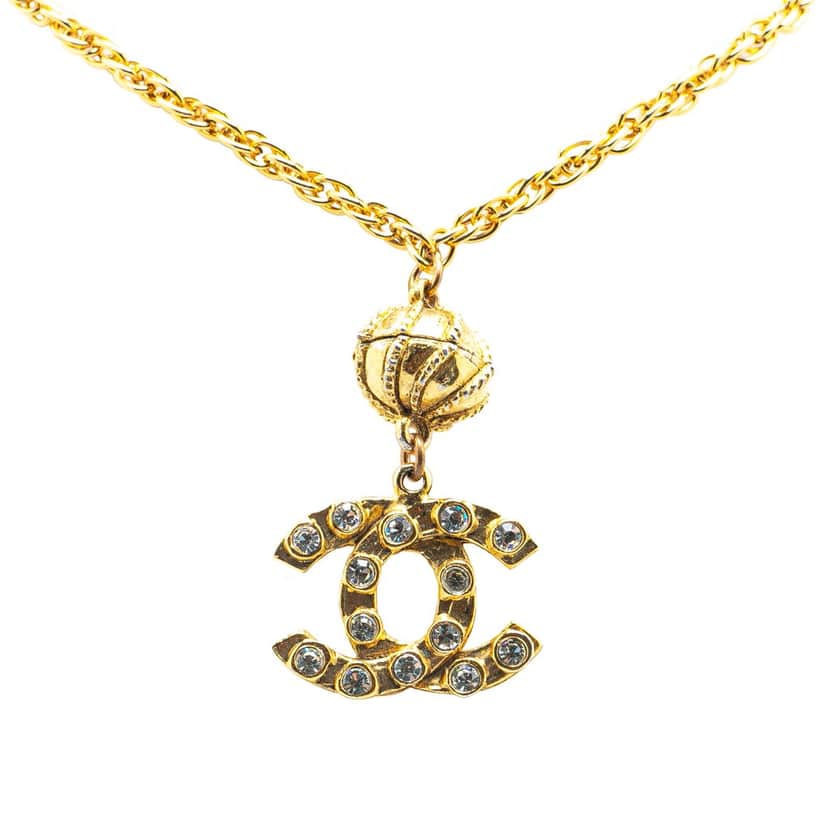 Chanel Gold Plated CC Pendant Rhinestones Necklace Gold Metal Good condition - Front View