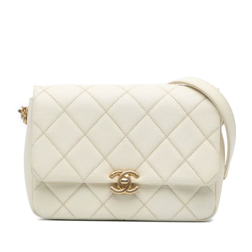 Chanel Small Quilted Caviar Chain Melody Flap White Leather Very good condition - Front View