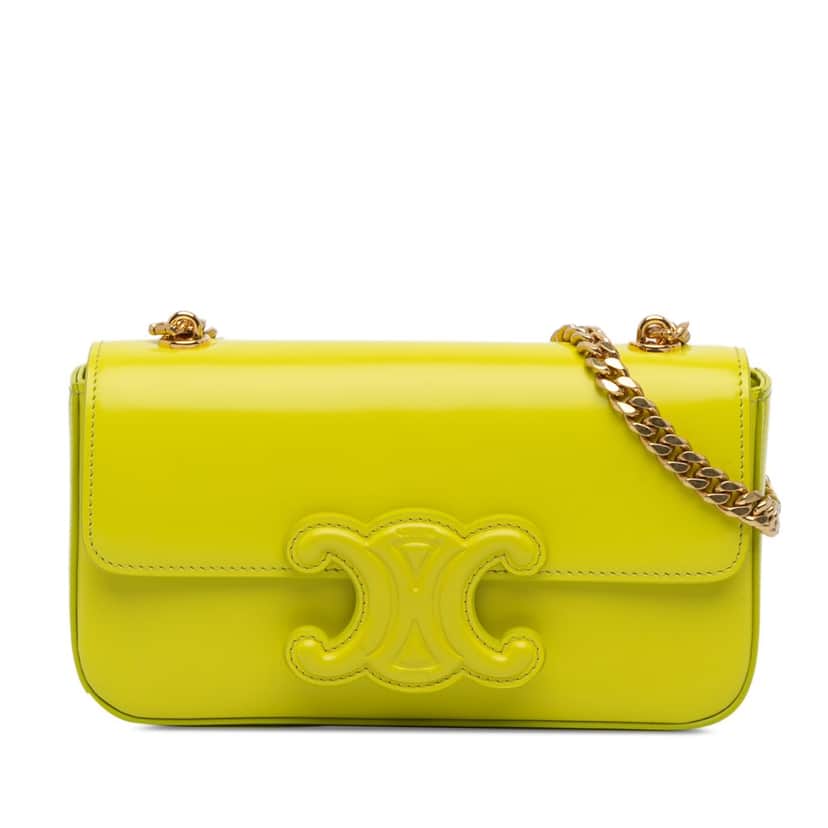 Celine Calfskin Cuir Triomphe Chain Shoulder Bag Yellow Leather Good condition - Front View