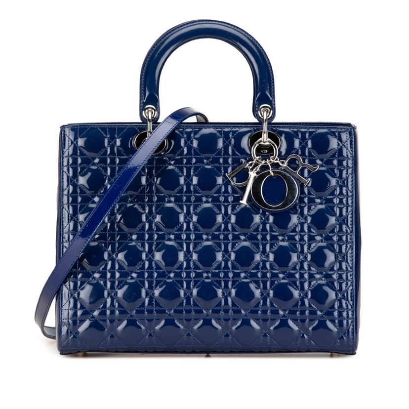 Dior Large Patent Cannage Lady Dior Blue Leather Good condition - Front View