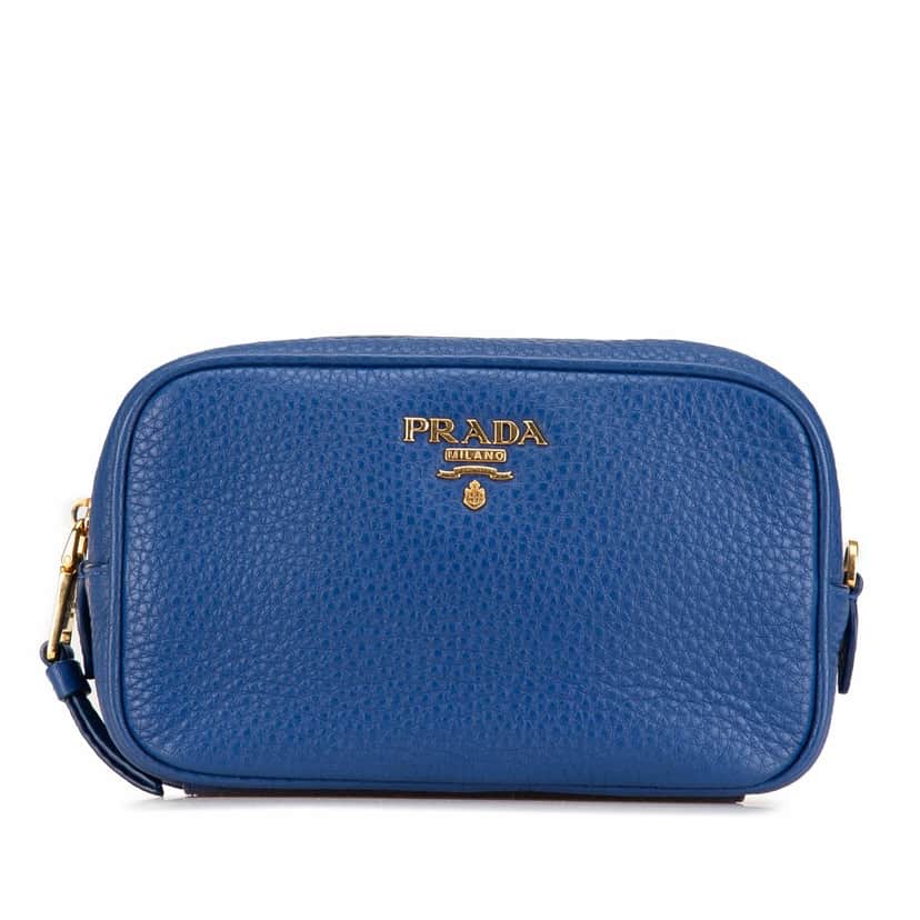 Prada Vitello Daino Cosmetic Pouch Blue Leather Good condition - Front View