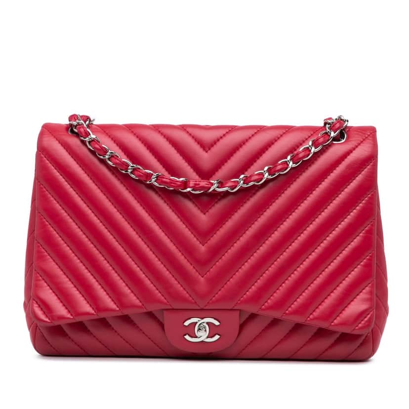 Chanel Maxi Classic Chevron Lambskin Single Flap Pink Leather Good condition - Front View