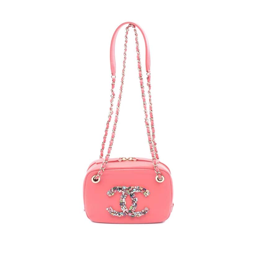 Chanel Lambskin Giant Crystal CC Camera Bag Pink Leather Good condition - Front View
