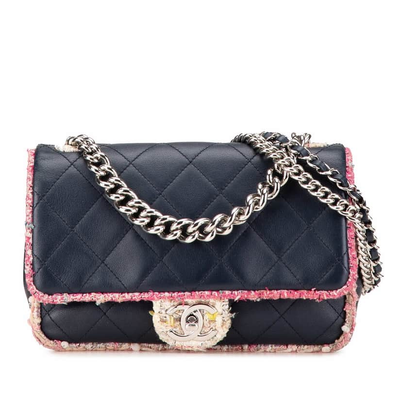 Chanel Quilted Lambskin and Tweed Elegant Trim Flap Blue Leather Very good condition - Front View