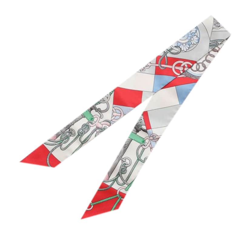 Hermès Cliquetis Silk Twilly Scarf White Silk Very good condition - Front View