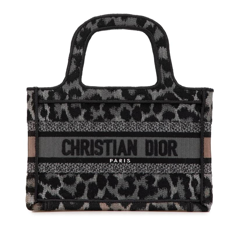 Dior Mizza Mini Embroidered Canvas Leopard Book Tote Grey Canvas Very good condition - Front View