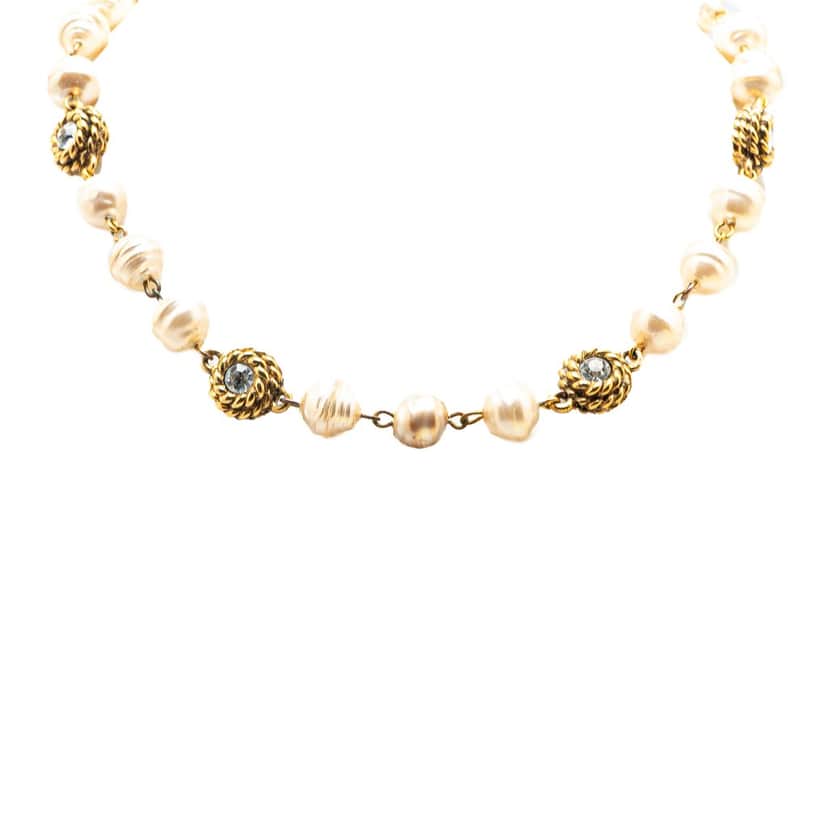 Chanel Gold Plated Rhinestone Faux Pearl Chain Necklace White Good condition - Front View