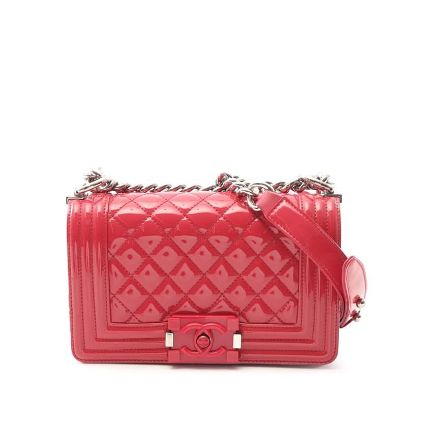 Chanel Small Quilted Patent and Acrylic Boy Flap Pink Leather Good condition - Front View