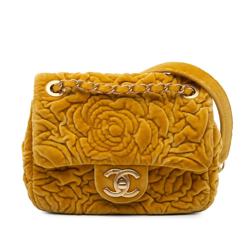 Chanel Mini Square Velvet Camellia Embossed Flap Yellow Velvet Good condition - Front View