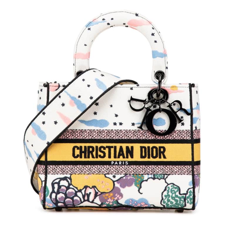 Dior Medium Canvas Embroidered Ciel De Reve Lady D Lite White Canvas Good condition - Front View