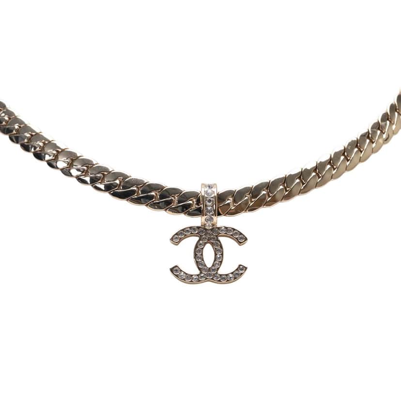 Chanel White Gold CC Rhinestones Pendant Necklace Gold Metal Good condition - Front View
