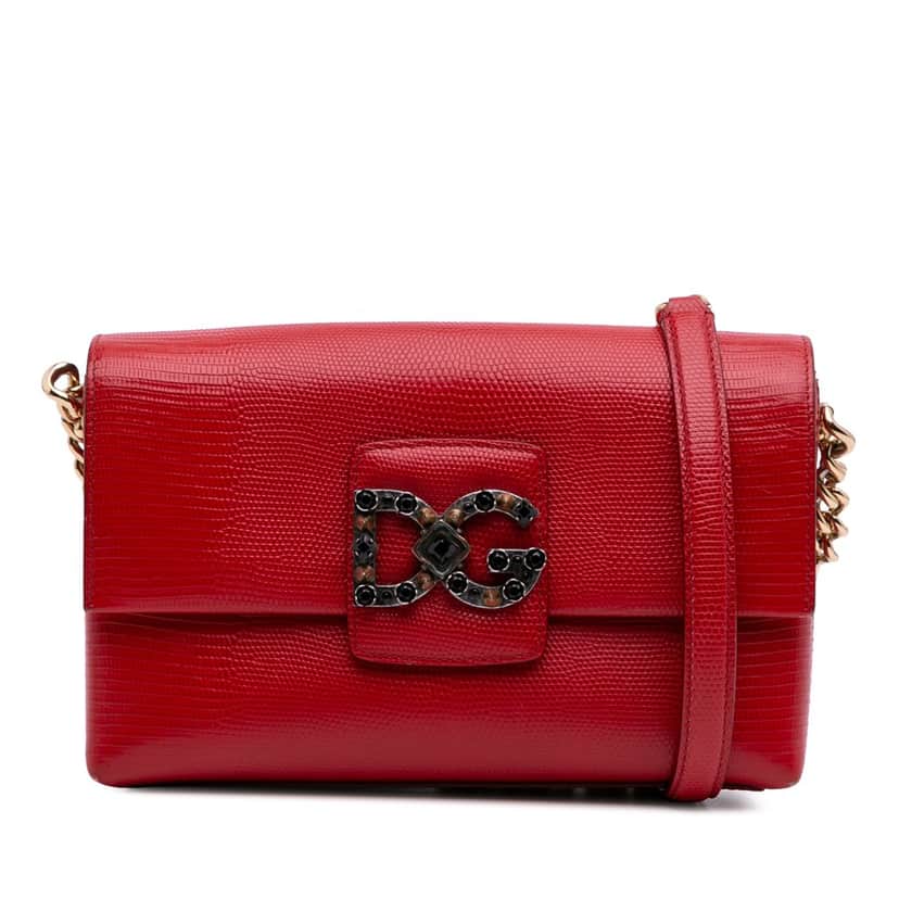 Dolce & Gabbana Lizard Embossed Leather Crystal Embellished DG Millennials Crossbody Red Leather Good condition - Front View