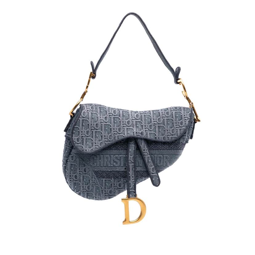 Dior Oblique Denim Embroidered Saddle Bag Blue Denim Good condition - Front View