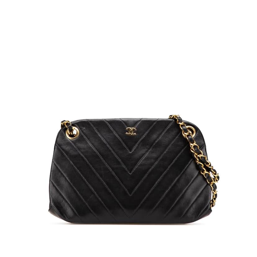Chanel CC Chevron Lambskin Frame Chain Shoulder Bag Black Leather Good condition - Front View