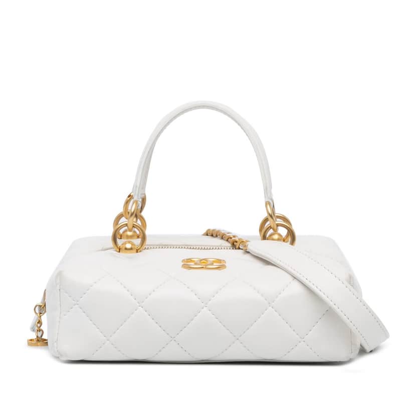 Chanel Métiers d'Art CC Quilted Lambskin Box with Top Handle Bag White Leather Very good condition - Front View