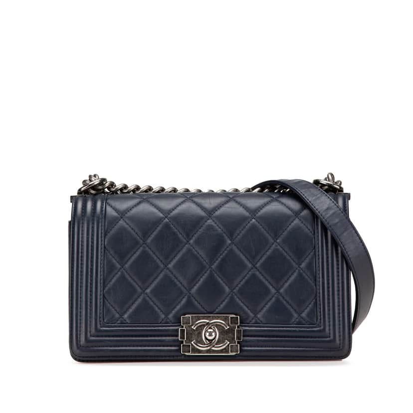 Chanel Old Medium Quilted Calfskin Boy Flap Blue Leather Good condition - Front View
