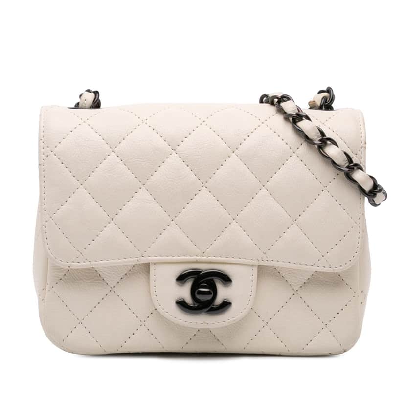 Chanel Mini Square Classic Crumpled Calfskin Single Flap White Leather Very good condition - Front View
