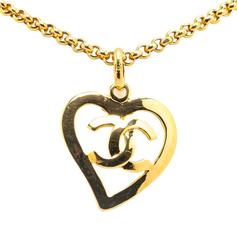 Chanel Gold Plated CC Heart Pendant Necklace Gold Metal Good condition - Front View