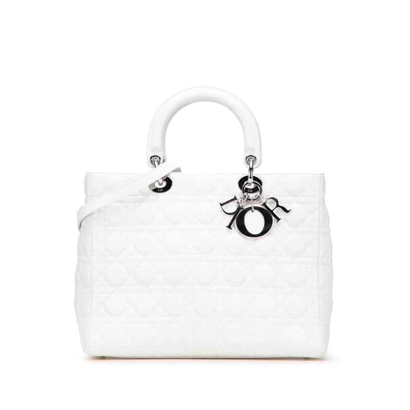 Dior Large Lambskin Cannage Lady Dior White Leather Good condition - Front View