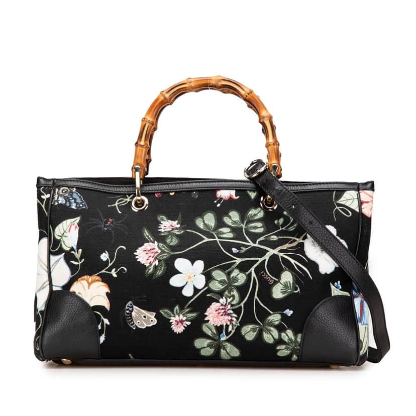 Gucci Medium Canvas Bamboo Shopper Flora Knight Satchel Black Canvas Good condition - Front View