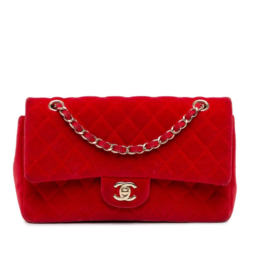 Chanel Medium Classic Velvet Double Flap Red Velvet Good condition - Front View