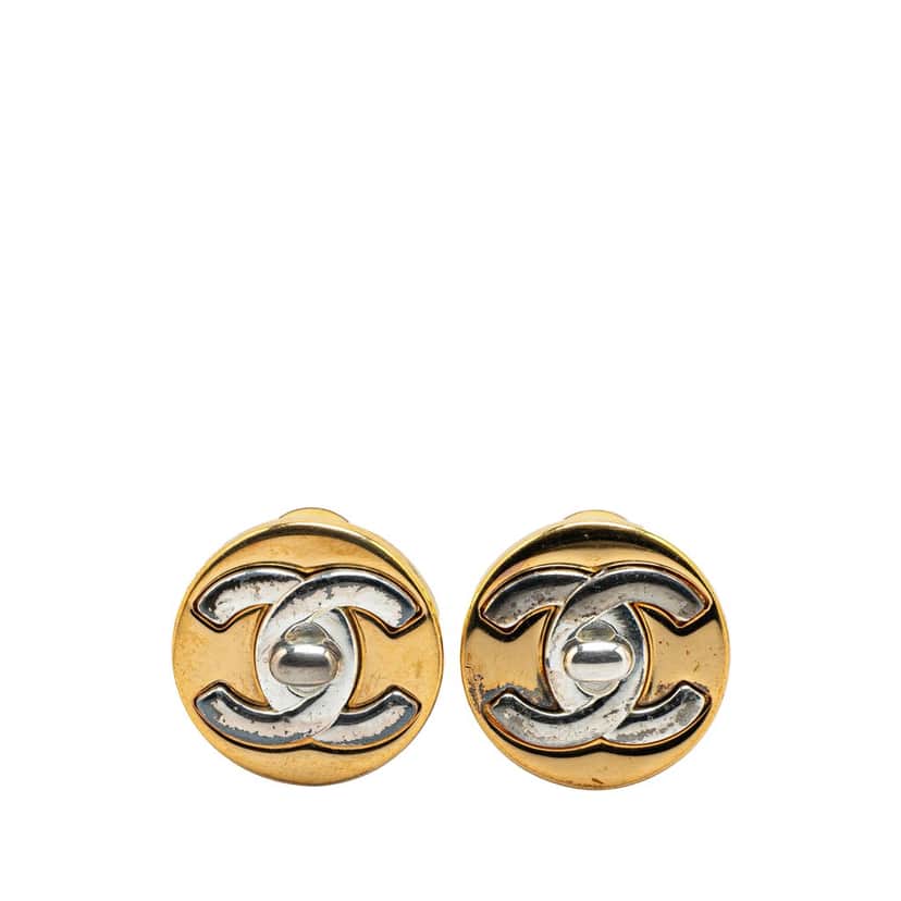 Chanel Gold Plated CC Turnlock Round Clip On Earrings Gold Metal Good condition - Front View