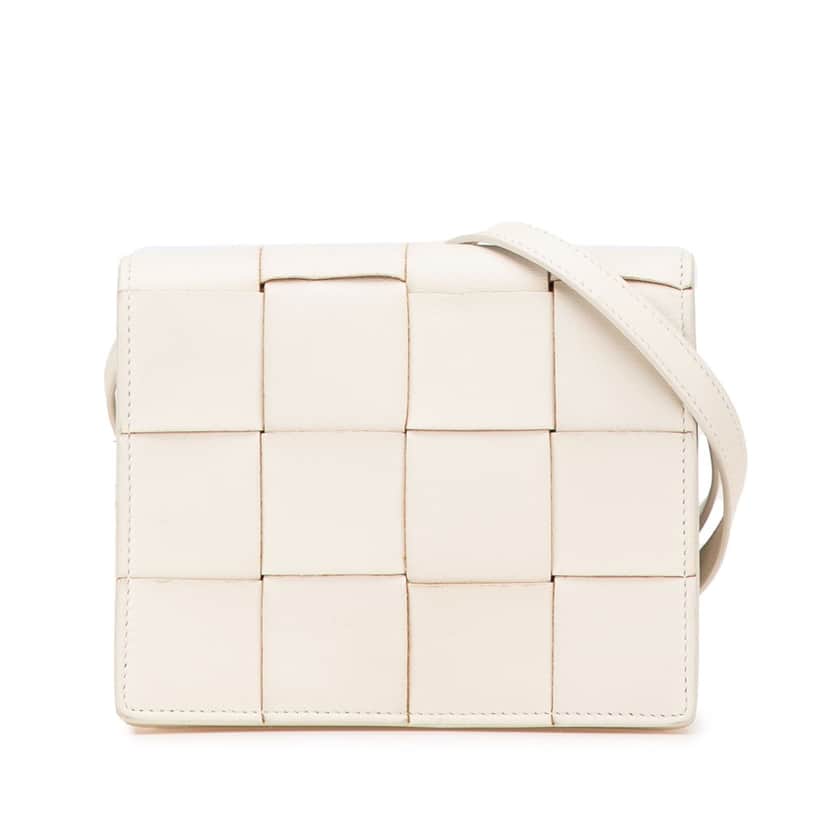 Bottega Veneta Mini Lambskin Maxi Intrecciato Cassette Crossbody White Leather Good condition - Front View