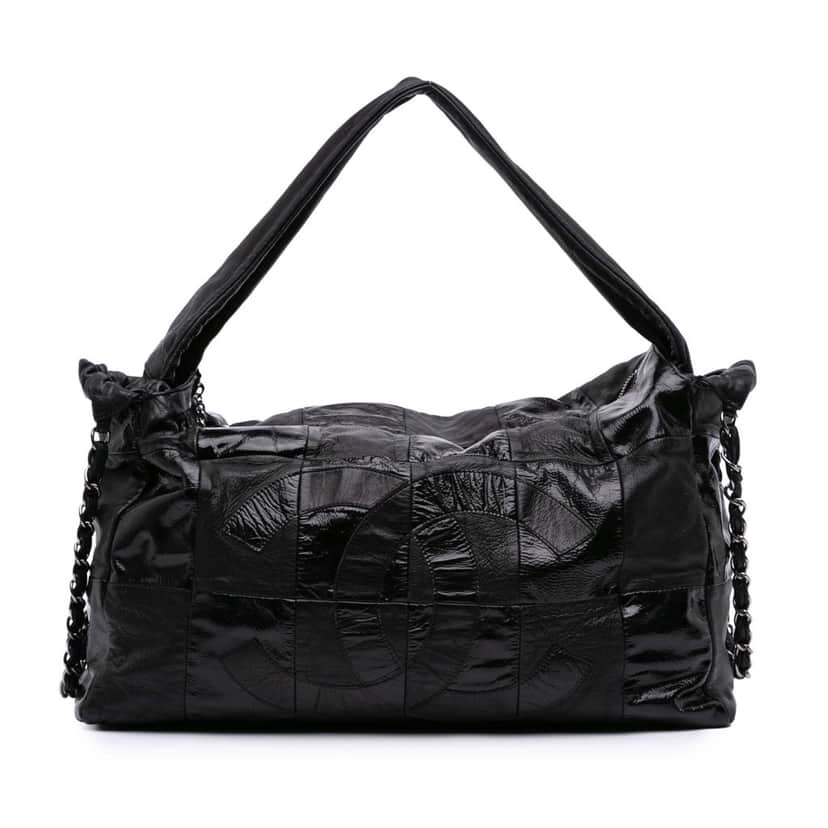 Chanel Lambskin and Patent Brooklyn Patchwork Hobo Bag Black Leather Good condition - Front View