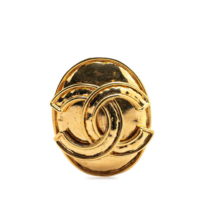 Chanel CC Gold Plated Oval Brooch Gold Metal Good condition - Front View