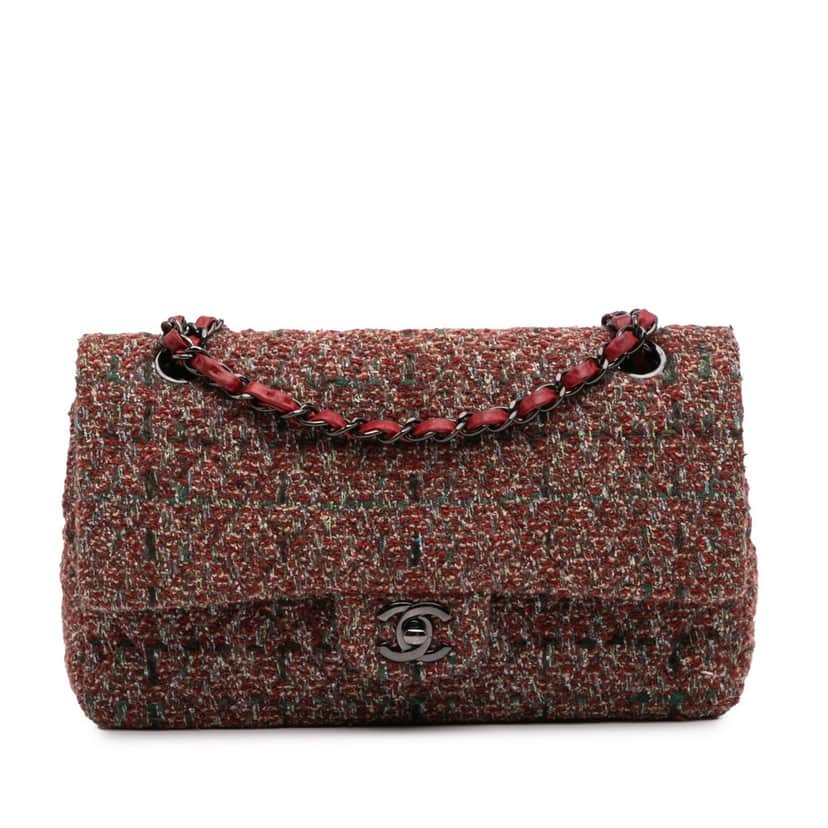 Chanel Medium Classic Tweed Double Flap Red Tweed Good condition - Front View