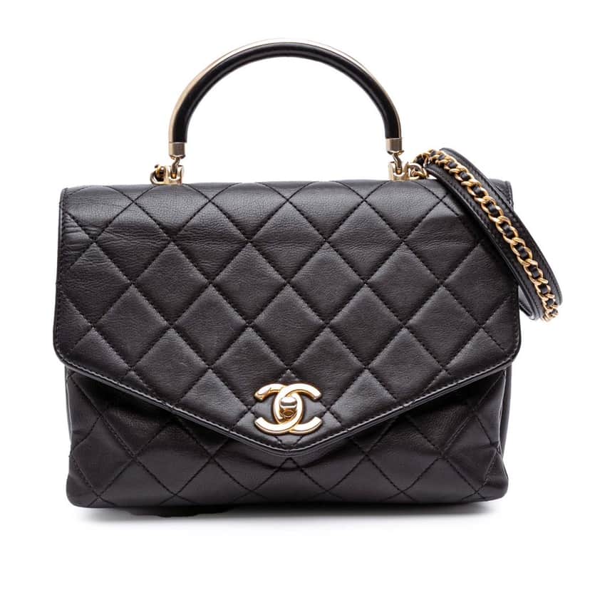 Chanel Quilted Calfskin Gold Top Handle Flap Black Leather Good condition - Front View