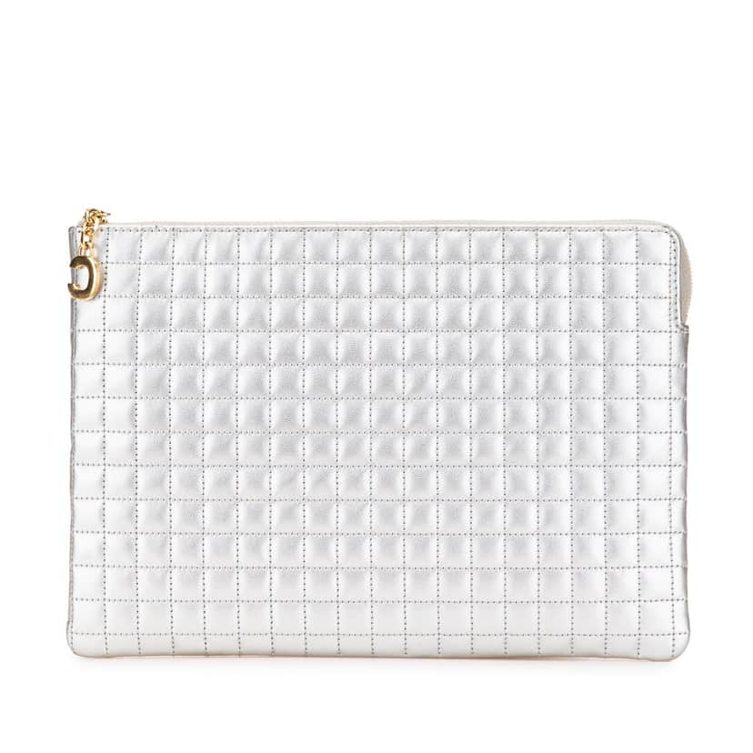 Celine Quilted Metallic Calfskin C Charm Pouch Silver Leather Very good condition - Front View