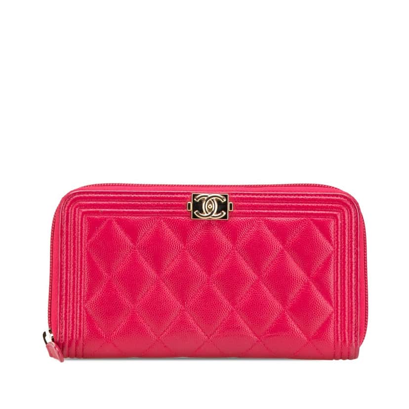 Chanel Quilted Caviar Boy Zip Around Wallet Pink Leather Good condition - Front View