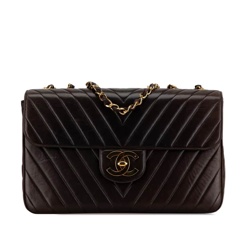 Chanel Maxi XL Chevron Lambskin Single Flap Brown Leather Good condition - Front View