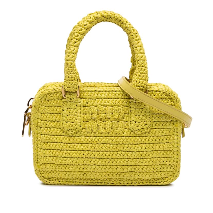 Miu Miu Raffia Crochet Arcadie Top Handle Bag Yellow Very good condition - Front View