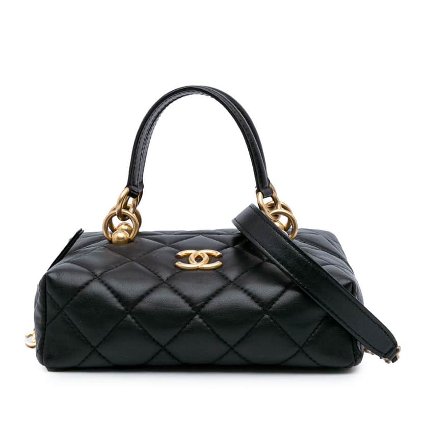 Chanel Métiers d'Art CC Quilted Lambskin Box Top Handle Satchel Black Leather Good condition - Front View