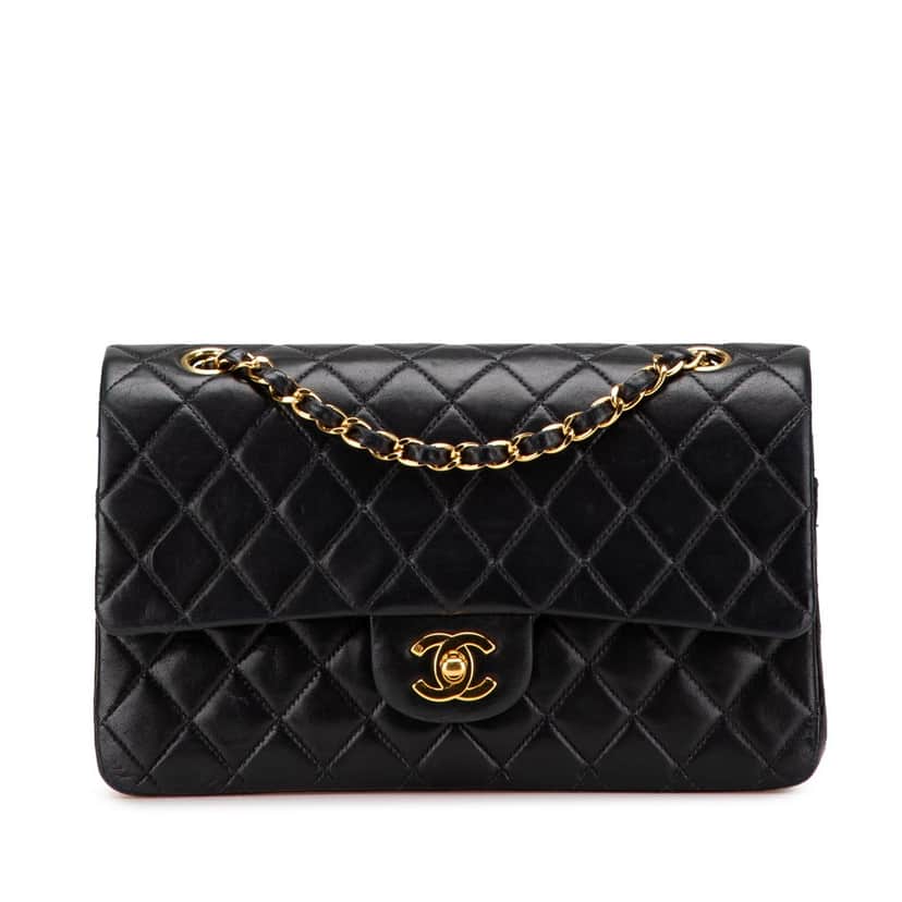 Chanel Medium Classic Lambskin Double Flap Black Leather Good condition - Front View