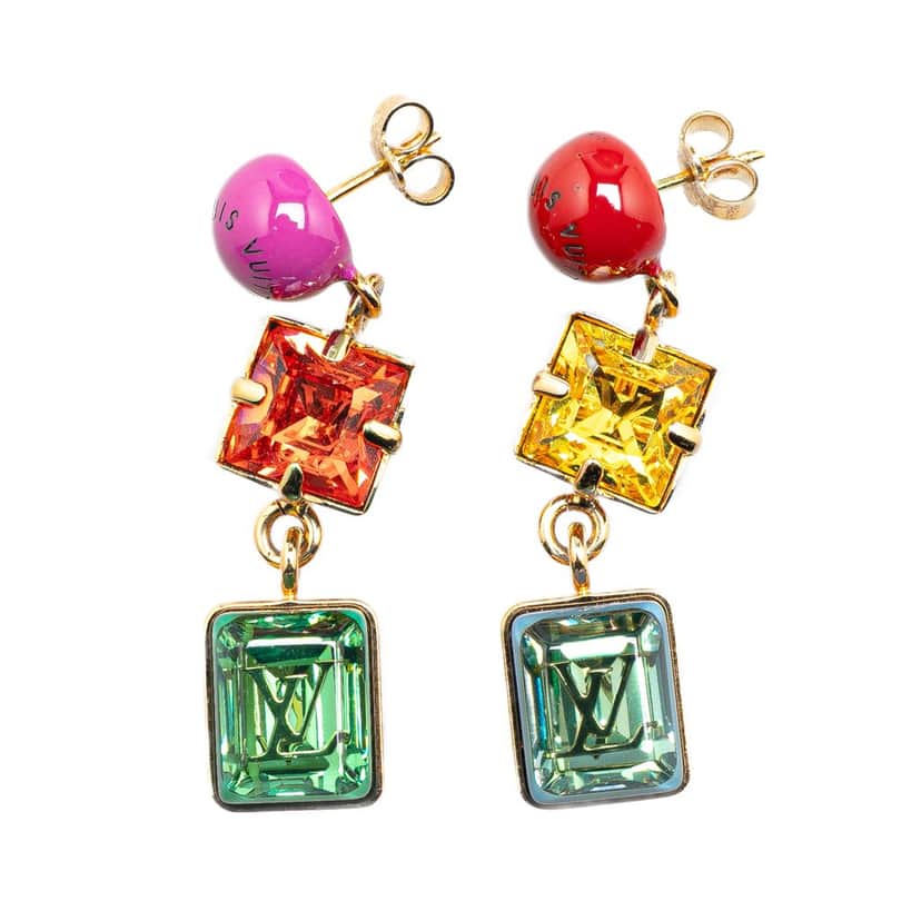 Louis Vuitton Resin & Crystal Cosmopolitan Drop Push Back Earrings Gold Metal Good condition - Front View