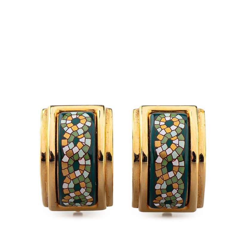 Hermès Enamel Cloisonne Clip On Earrings Green Good condition - Front View