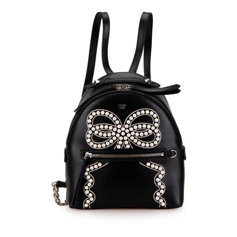 Fendi Mini By The Way Leather Ribbon Pearl Backpack Black Leather Very good condition - Front View