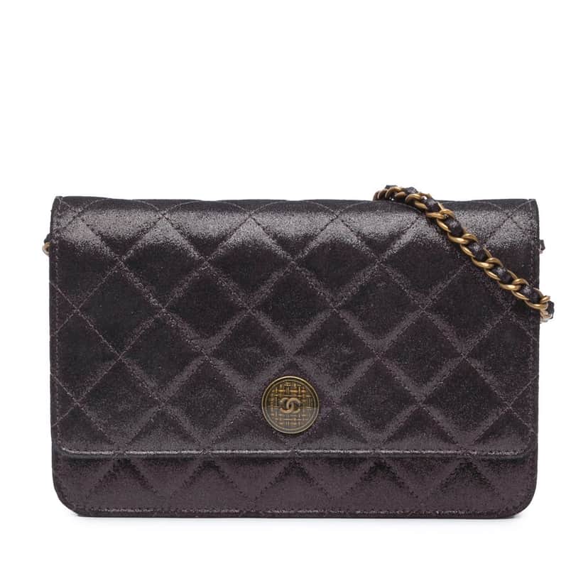 Chanel Metiers d’Art Quilted Iridescent Lambskin Tartan Button Wallet On Chain Brown Leather Good condition - Front View