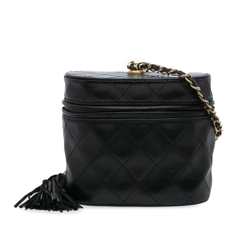 Chanel Quilted Lambskin Tassel Vanity Case Black Leather Good condition - Front View